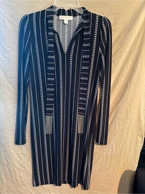 Michael Kors Black and White Long Sleeve Striped V-Neck Dress
